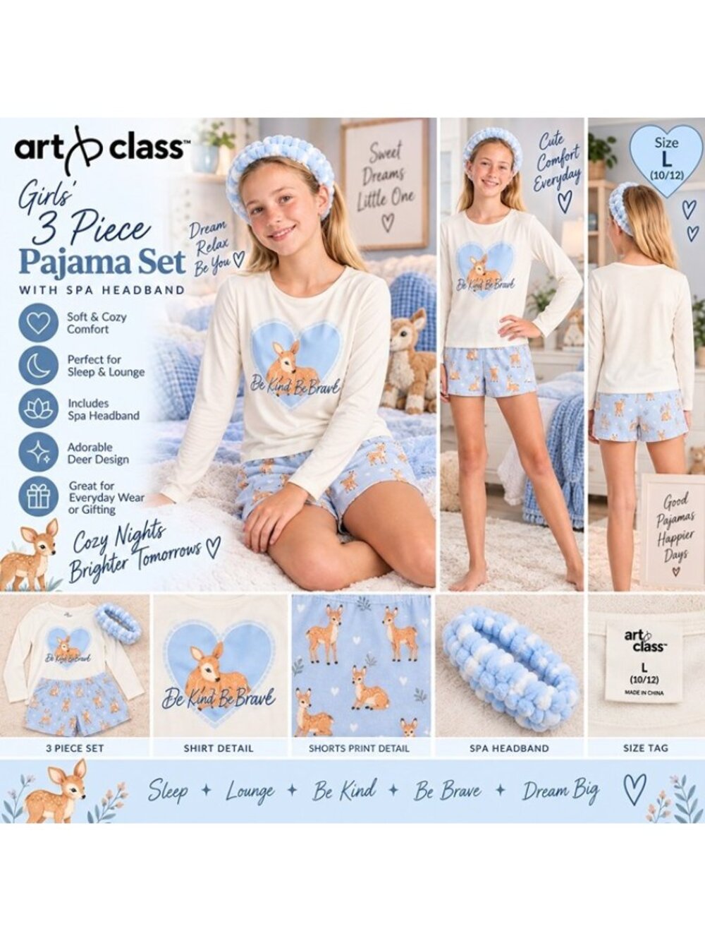Art Class Girls 3 Piece Pajama Set Deer Shorts Spa Headband Size L 10/12 NWT